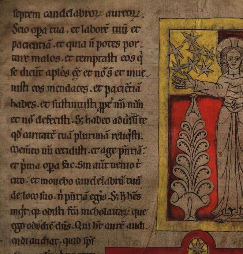 Text column of the Lorvão Apocalypse folio 49 beside a miniature of Christ holding seven stars, in a rounded late twelfth-century minuscule