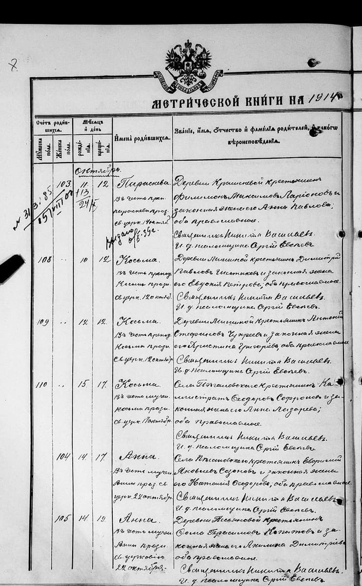 Left half of a parish register opening for 1914, with printed headings, the imperial arms and six handwritten birth entries in ruled columns