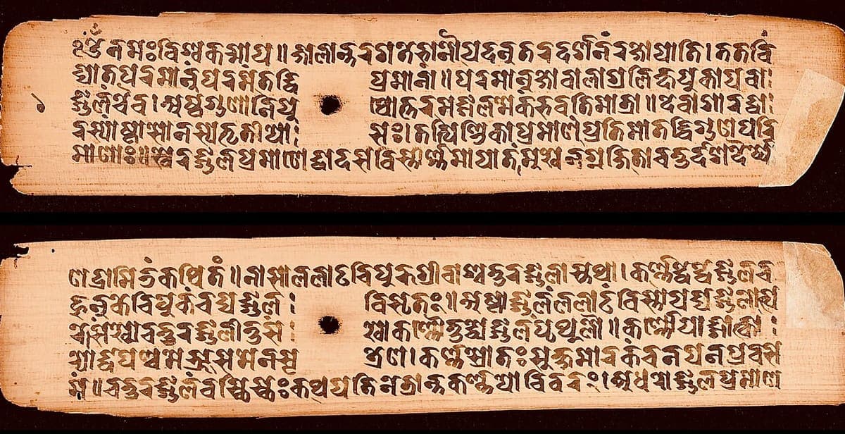 Two pale palm leaves with five lines of hooked script each, a binding hole in the centre of every line and a Nepalese numeral in the left margin of the upper leaf