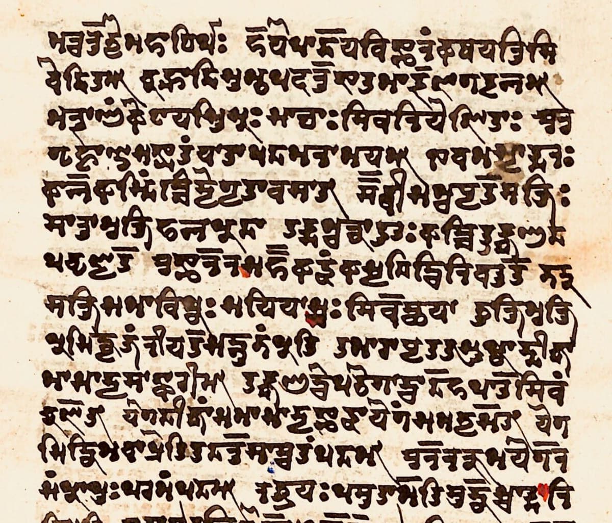 Cream paper folio with about fifteen lines of bold angular Śāradā writing, a few syllables touched in red and orange