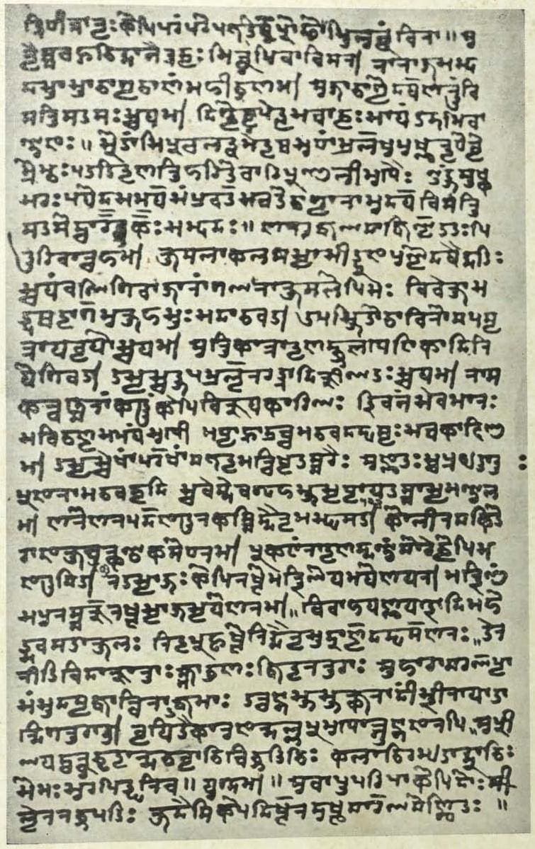 Full page of about thirty tightly packed lines of Śāradā writing photographed in high contrast, with double vertical marks ending each verse