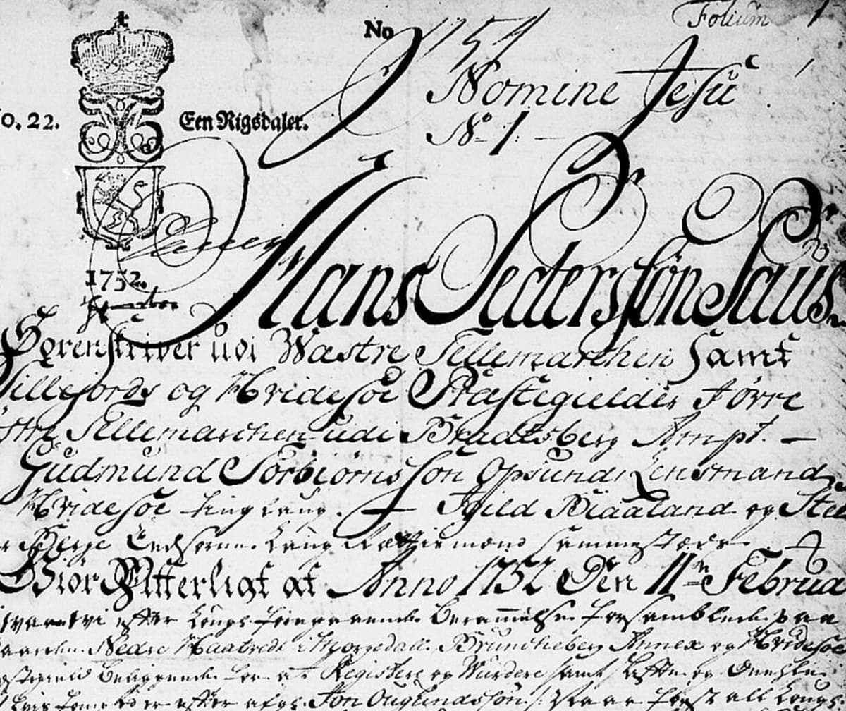 First page of a probate protocol of 1752 with the judge’s name in sweeping Gothic capitals over the opening lines of the first case