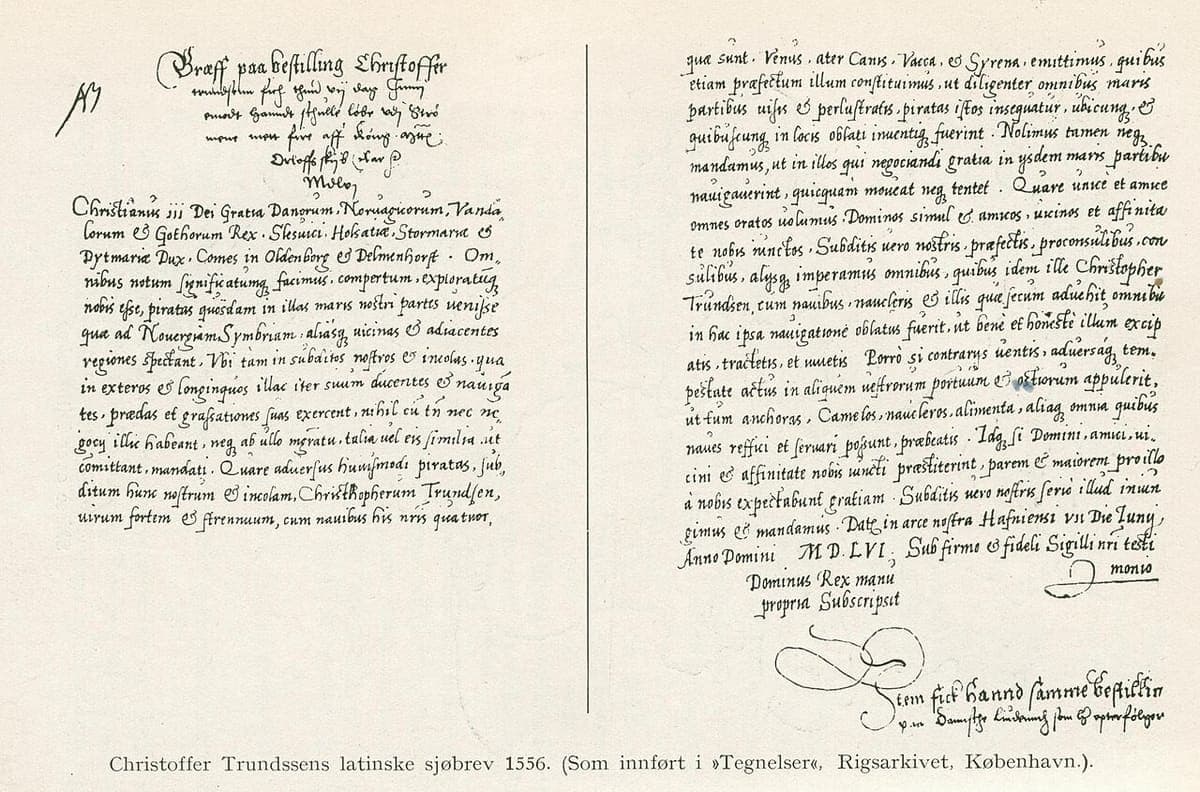Facsimile of a two-column chancery register entry of 1556, a Danish heading in Gothic cursive above a long Latin text in a humanist hand