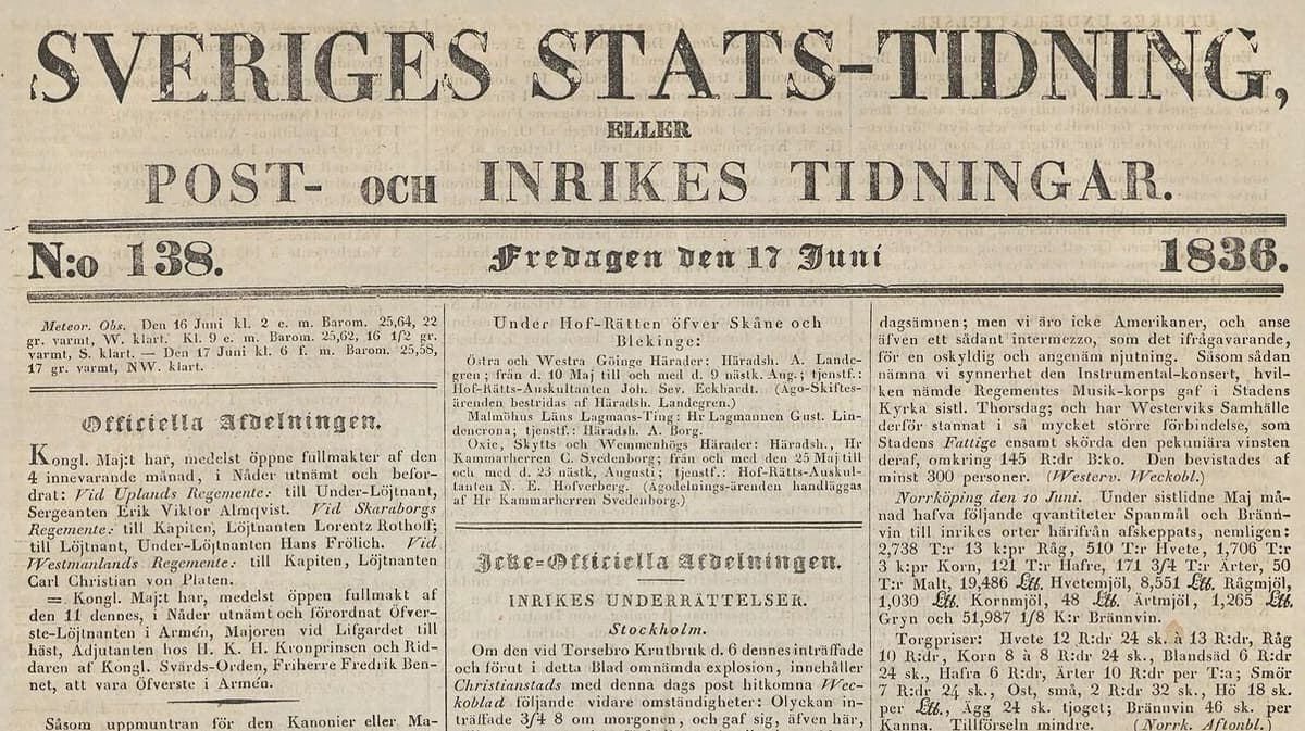 Masthead and first columns of an 1836 Swedish newspaper, with the title in roman capitals and section headings in blackletter over columns of roman type