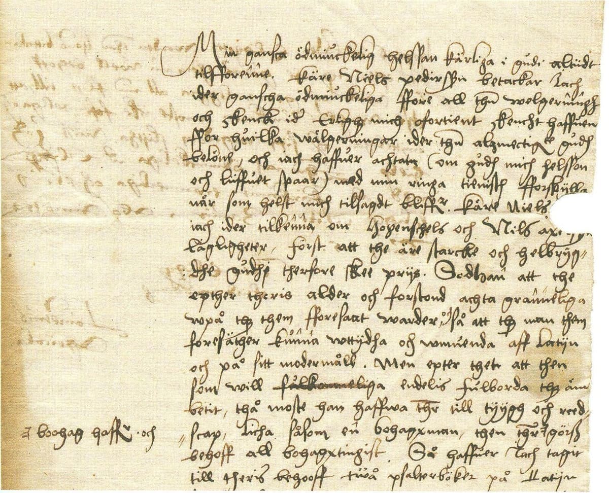 Handwritten letter of 1549 in a fluent sloping cursive, with a piece torn from the right edge and a few words added in the left margin