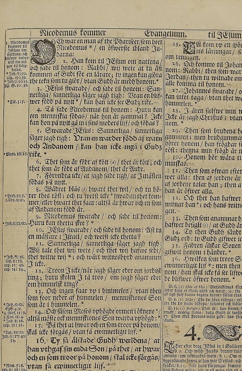 Left column of a 1703 bible page in blackletter with verse numbers, two passages set in larger type and cross-references in the outer margin