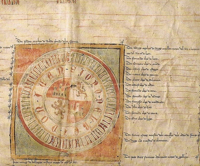A large wheel-shaped royal sign in red, green and ochre beside a column of names of confirming bishops.