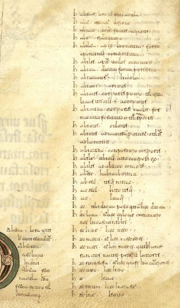 Manuscript page with a column of short glossary entries in Visigothic minuscule, the green and red interlaced initial cut by the left edge of the frame at the foot.