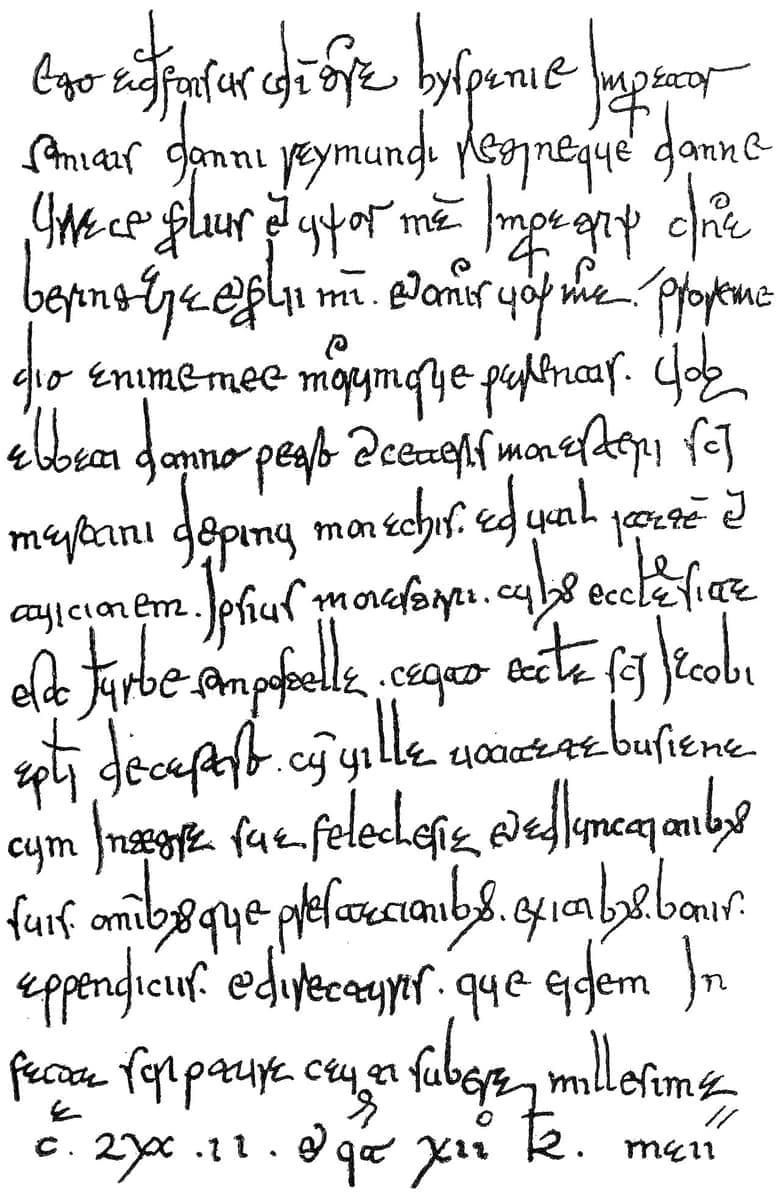 Lithographed facsimile of fifteen lines of sloping Visigothic cursive from a twelfth-century royal charter, ending with an era date.