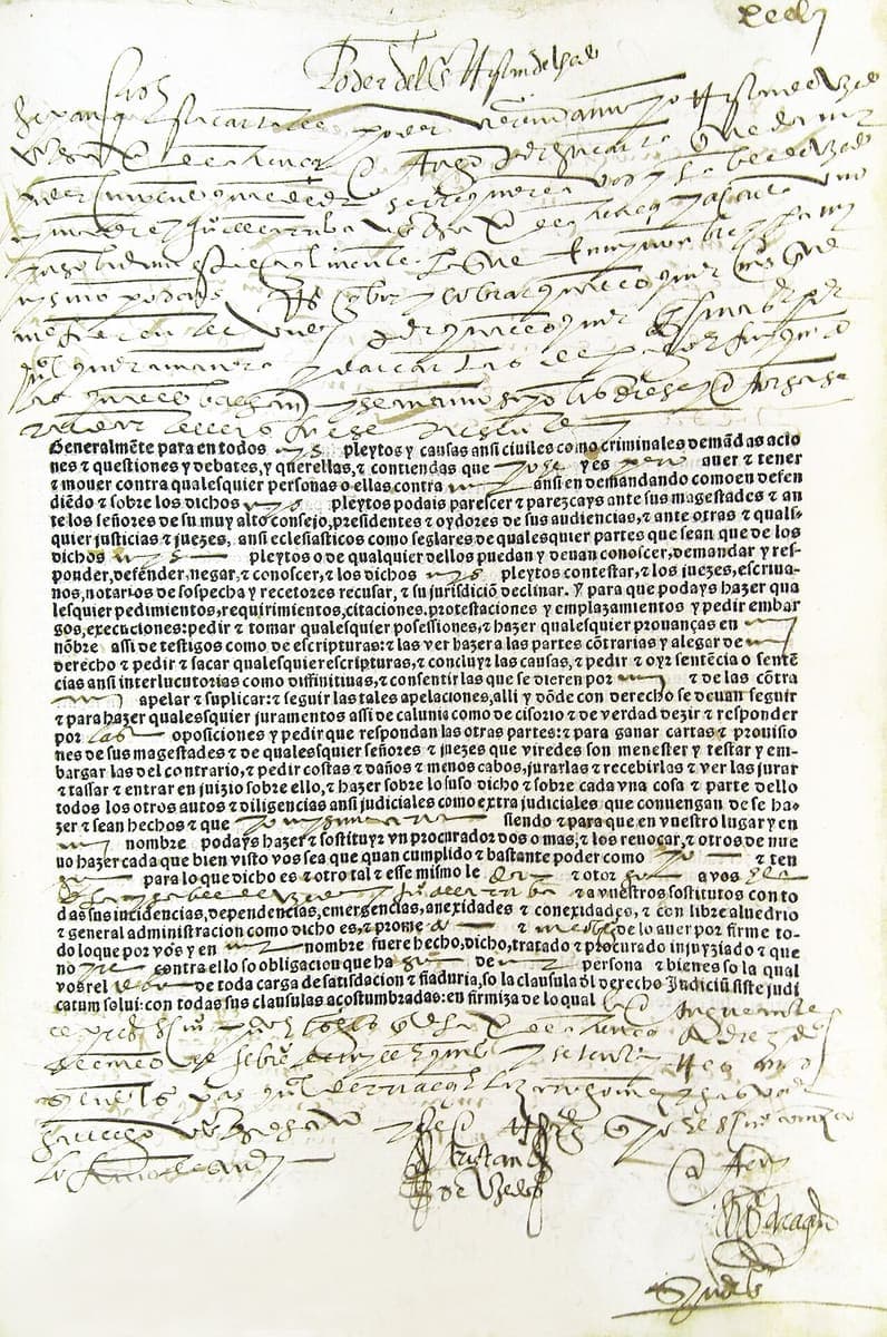 A printed legal form in Gothic type with wide handwritten insertions in a looped sixteenth-century hand above, below and inside it.