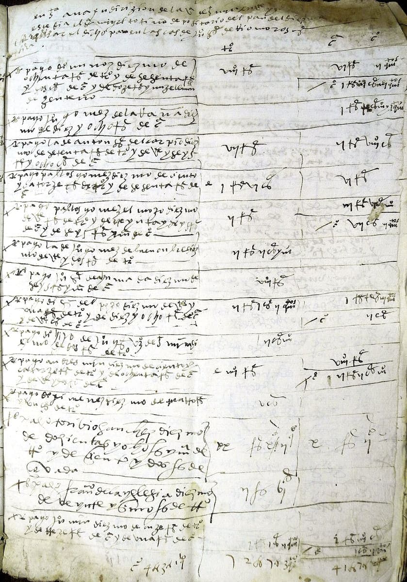 A ruled account page listing payers on the left with two columns of abbreviated quantities on the right and totals at the foot.